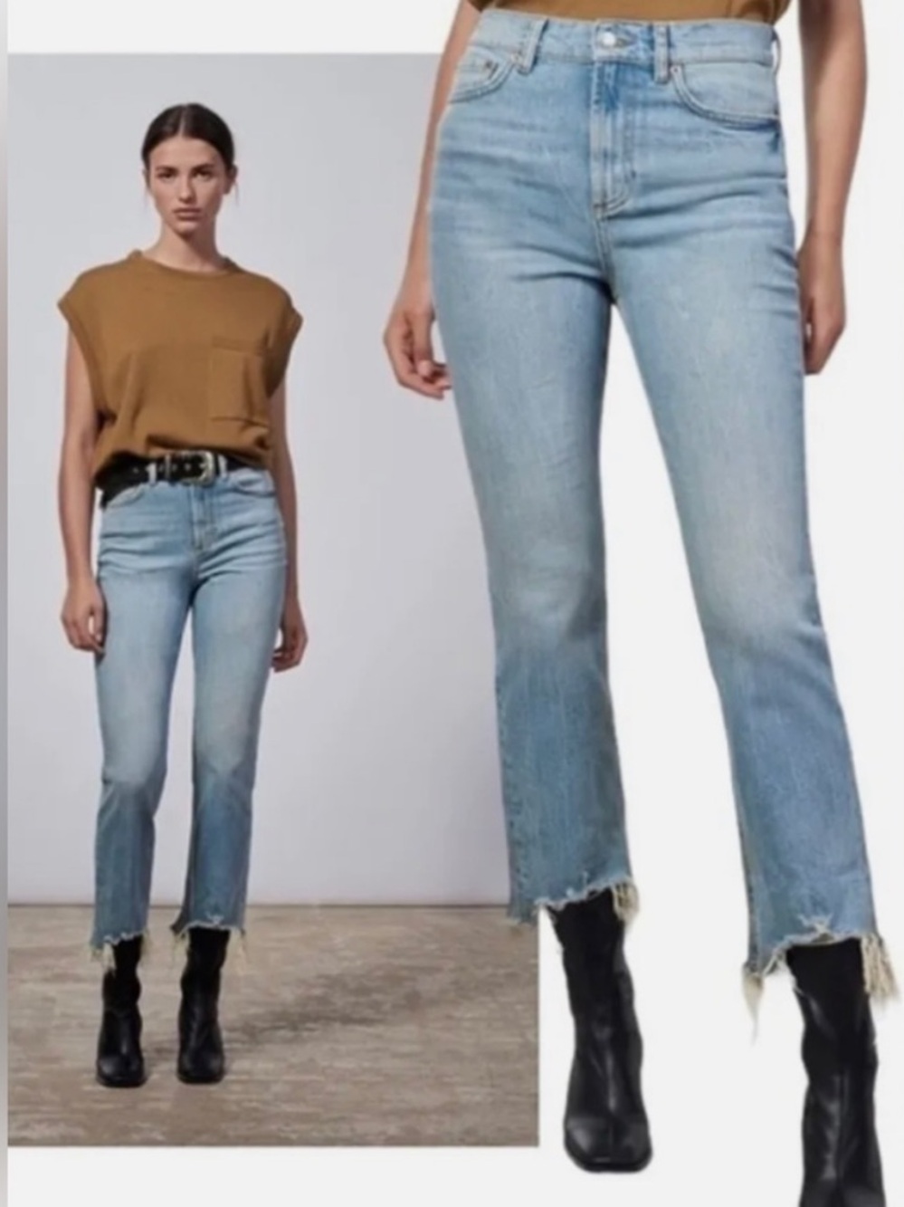 Zara The Dreed Flare Jean - Stretch Cropped - Light Wash - Distressed - Size 8